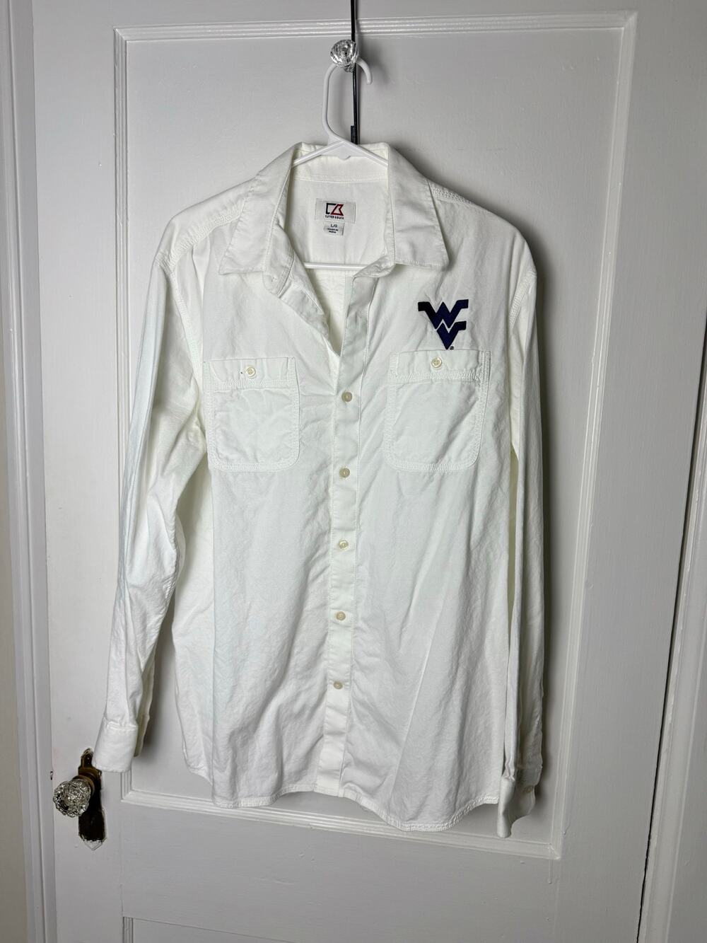 Cutter & Buck White Button Down Oxford Embroidered WVU West Virginia Large Shirt